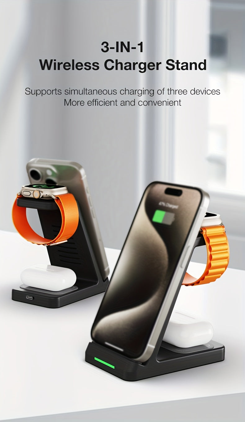 3-in-1 Wireless Charging Station | Phone Holder Stand | Charging Indicator | iPhone 17–11 & Apple Watch | Home & Office
