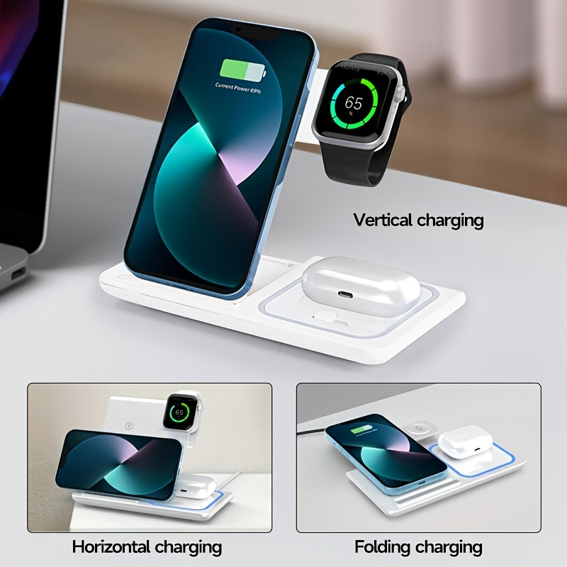 3-in-1 Foldable MagSafe Wireless Charging Station | 15W | QC3.0 Adapter | iPhone 8–15 & Apple Watch Ultra/9–3
