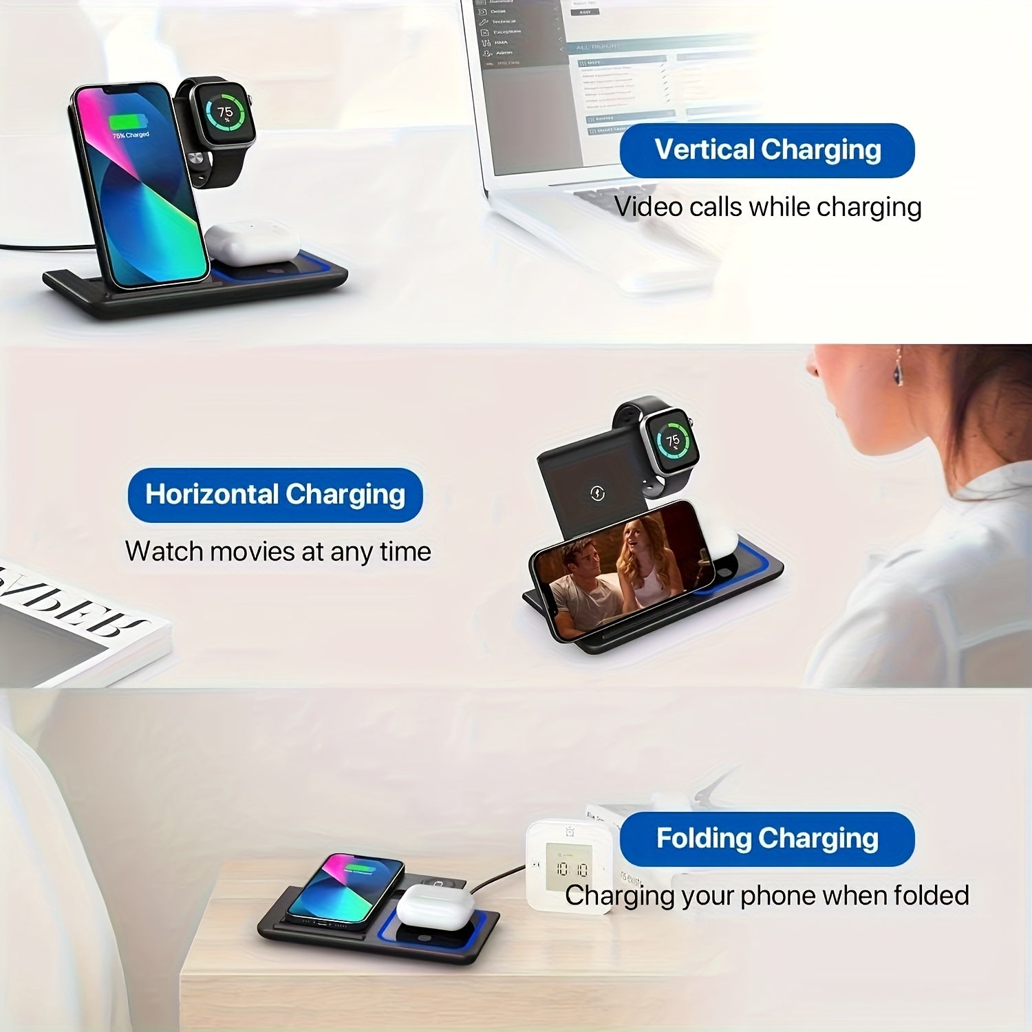 3-in-1 Foldable MagSafe Wireless Charging Station | 15W | QC3.0 Adapter | iPhone 8–15 & Apple Watch Ultra/9–3