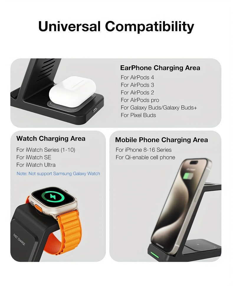 3-in-1 Wireless Charging Station | Phone Holder Stand | Charging Indicator | iPhone 17–11 & Apple Watch | Home & Office