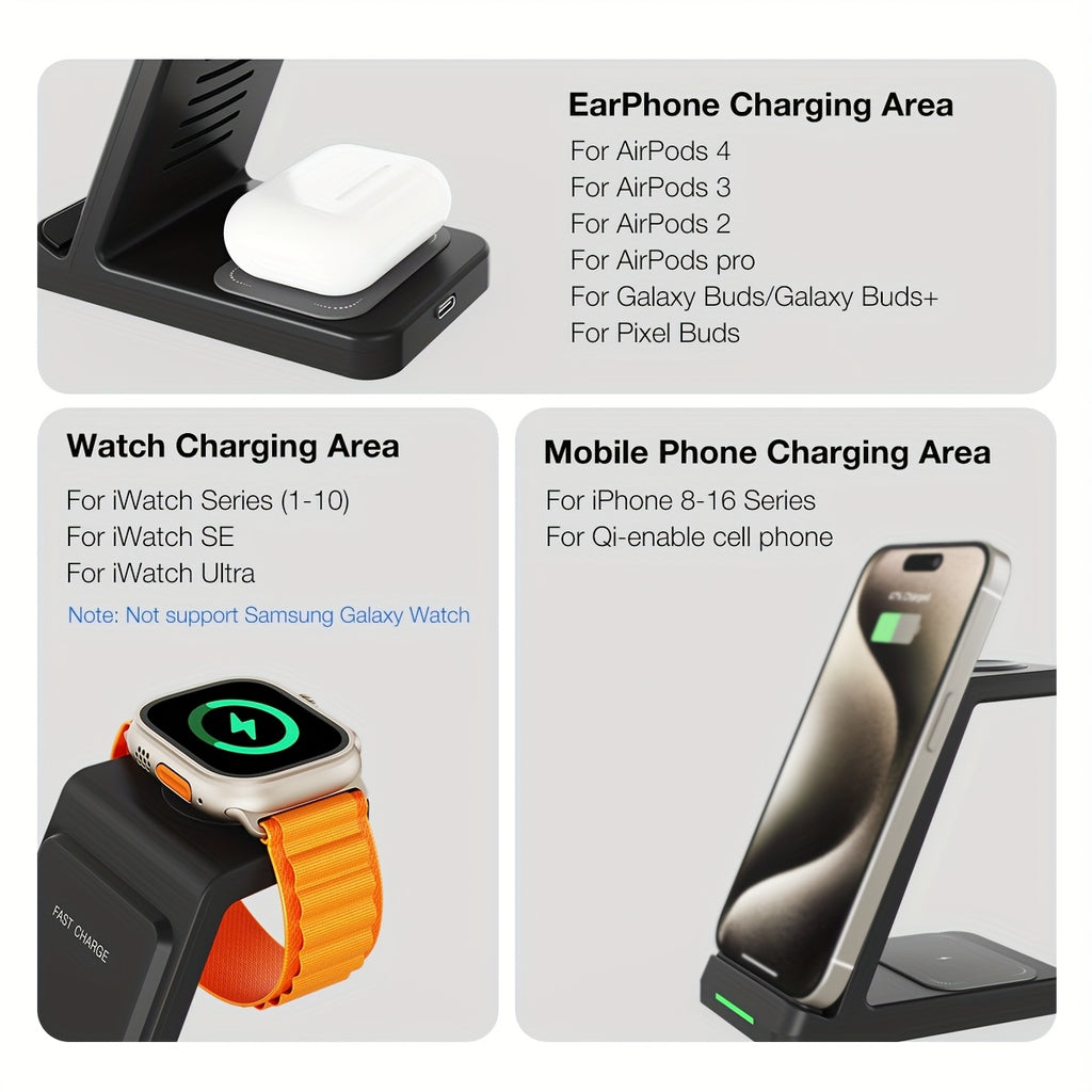 3-in-1 Wireless Charging Station | Phone Holder Stand | Charging Indicator | iPhone 17–11 & Apple Watch | Home & Office
