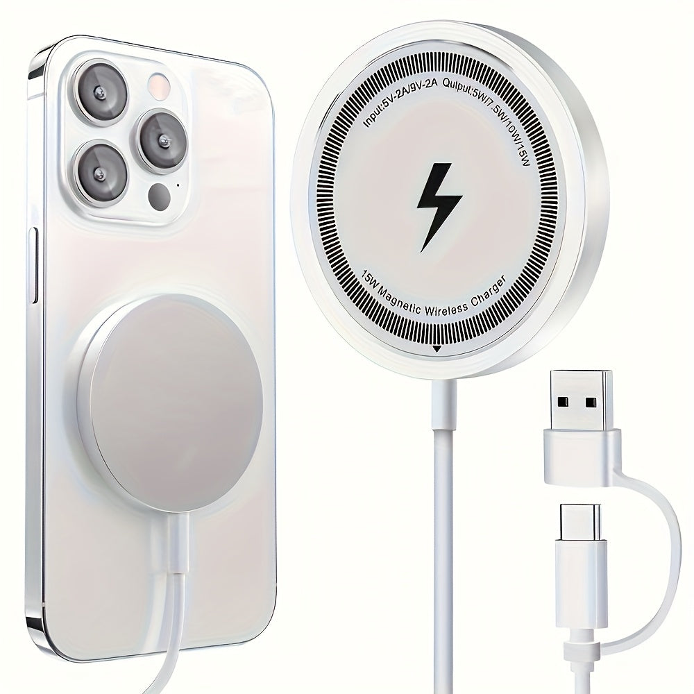 15W Magnetic Wireless Charger | Overcharge Safety | Dual USB-C & USB-A Ports | iPhone 17–11 & Samsung S24/S23/S22