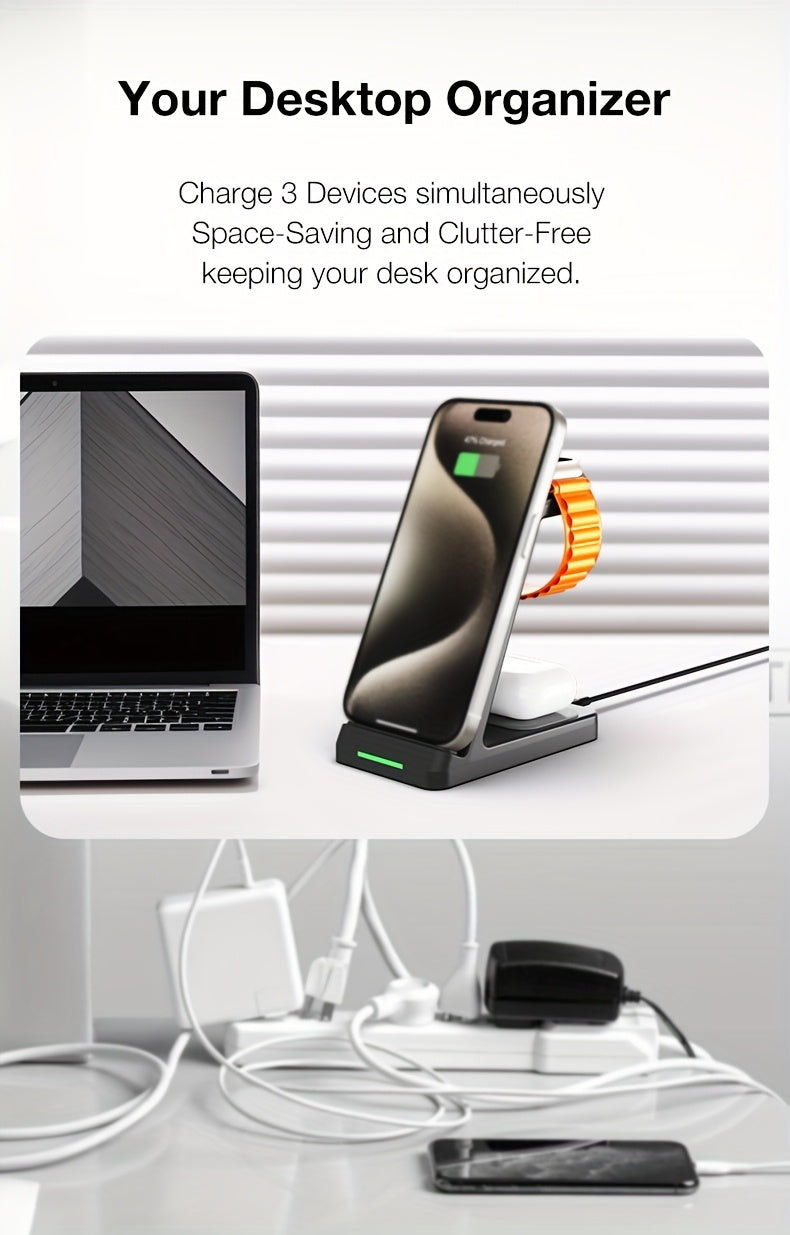 3-in-1 Wireless Charging Station | Phone Holder Stand | Charging Indicator | iPhone 17–11 & Apple Watch | Home & Office