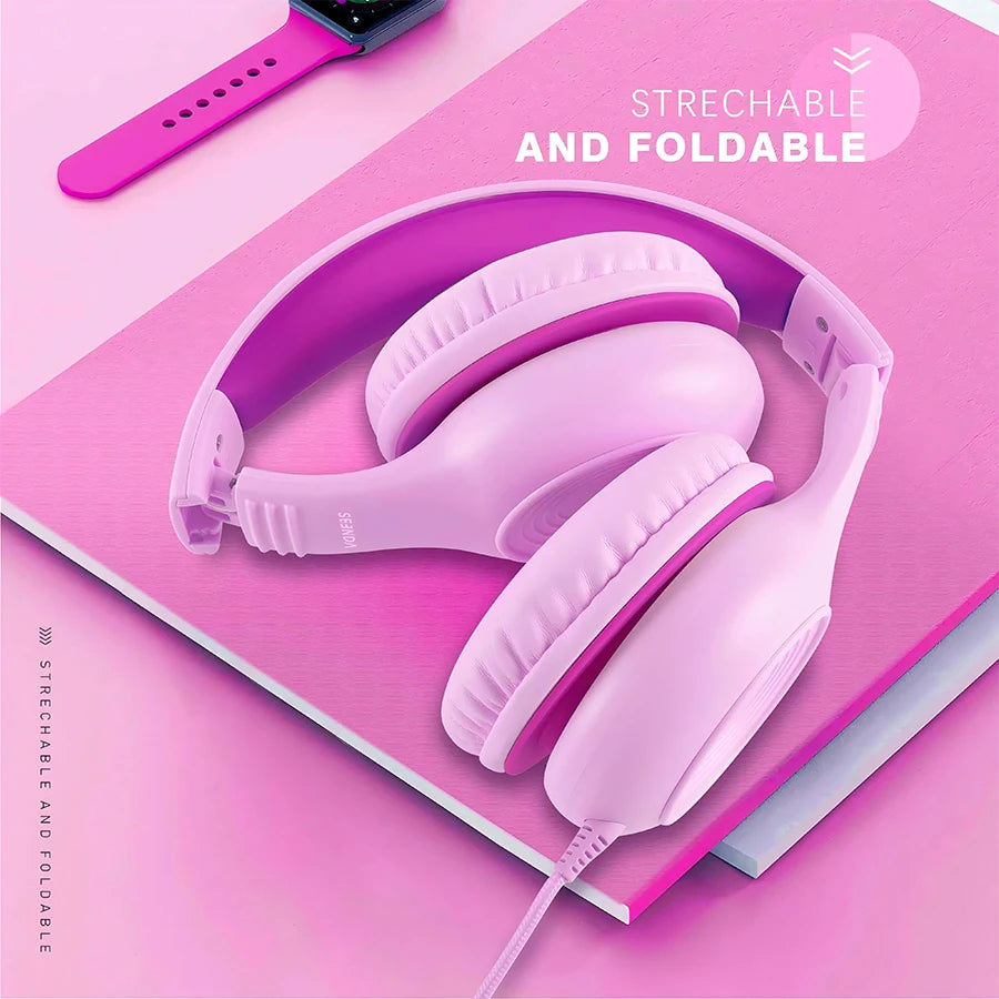 Wired Kids Headphones with Mic | Foldable | Memory Foam | Adjustable Over-Ear | Girls & Boys | Pink & Blue