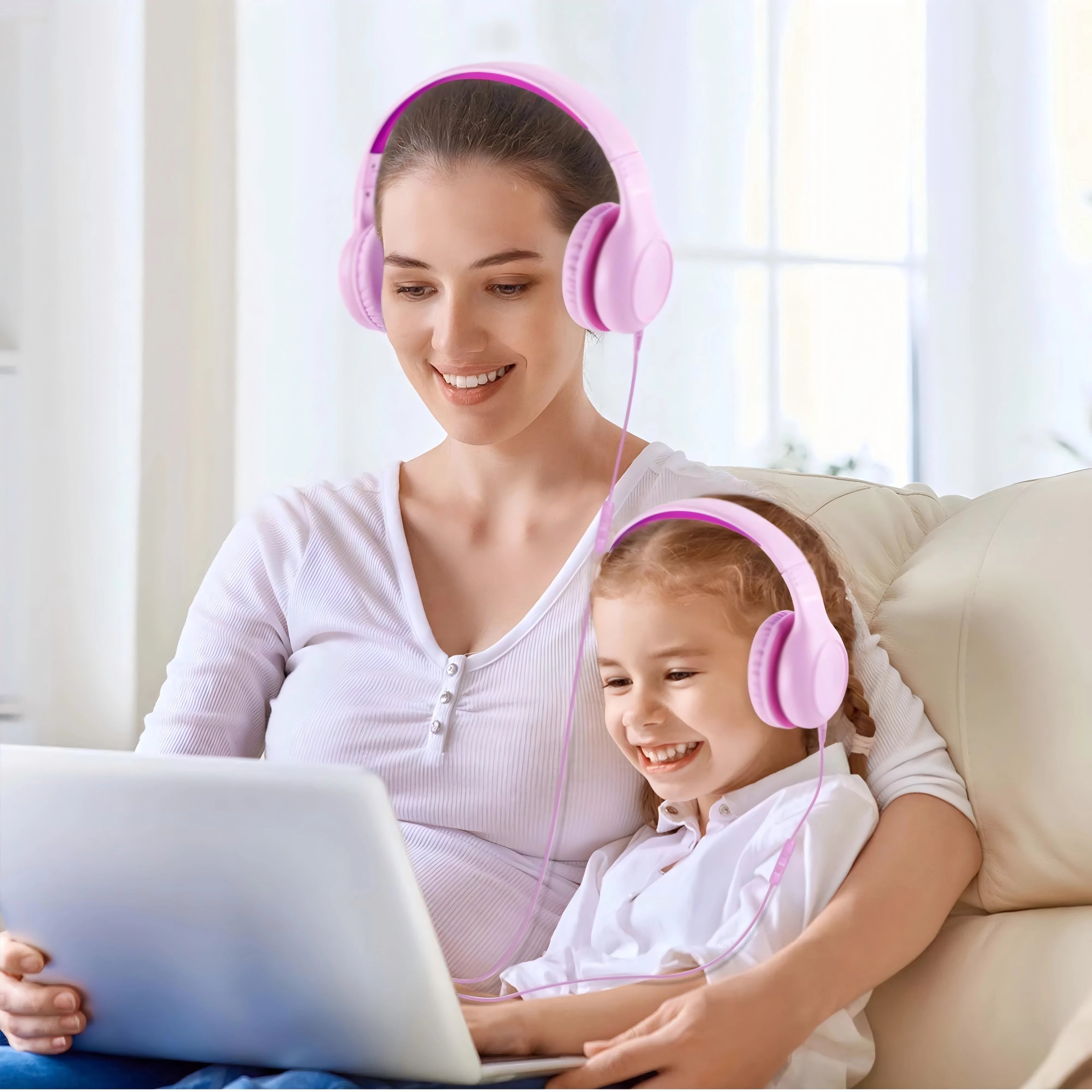 Wired Kids Headphones with Mic | Foldable | Memory Foam | Adjustable Over-Ear | Girls & Boys | Pink & Blue