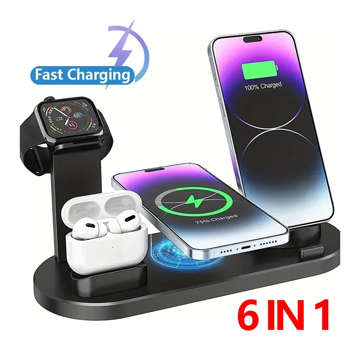 15W 6-in-1 Wireless Charging Dock | iPhone 11–17, Apple Watch, AirPods & Samsung | CE/FCC Certified