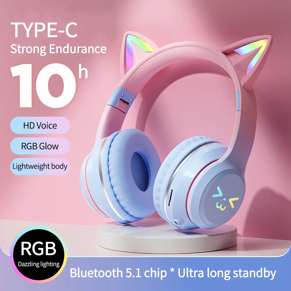 Gradient RGB Cat Ear Wireless Headphones | Bluetooth 5.1 | ANC | Mic | Girls, Kids & Gaming | 5 Colours