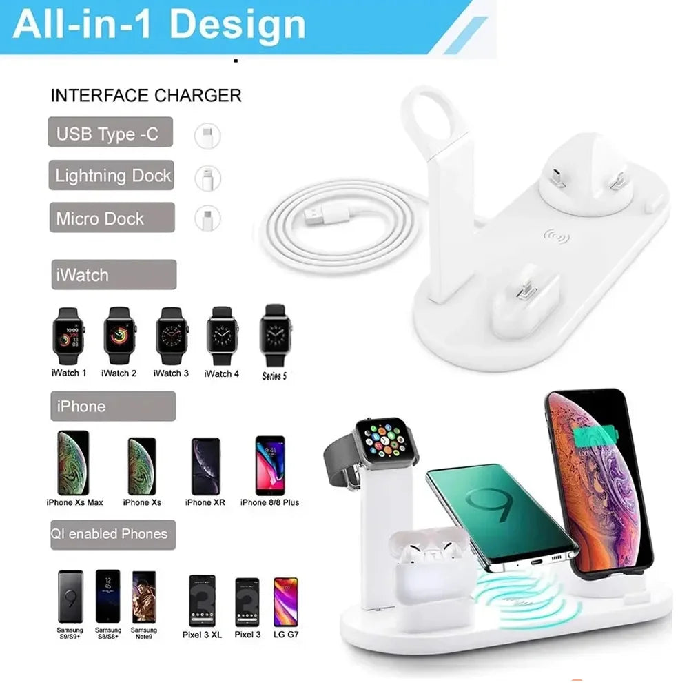 15W 6-in-1 Wireless Charging Dock | iPhone 11–17, Apple Watch, AirPods & Samsung | CE/FCC Certified