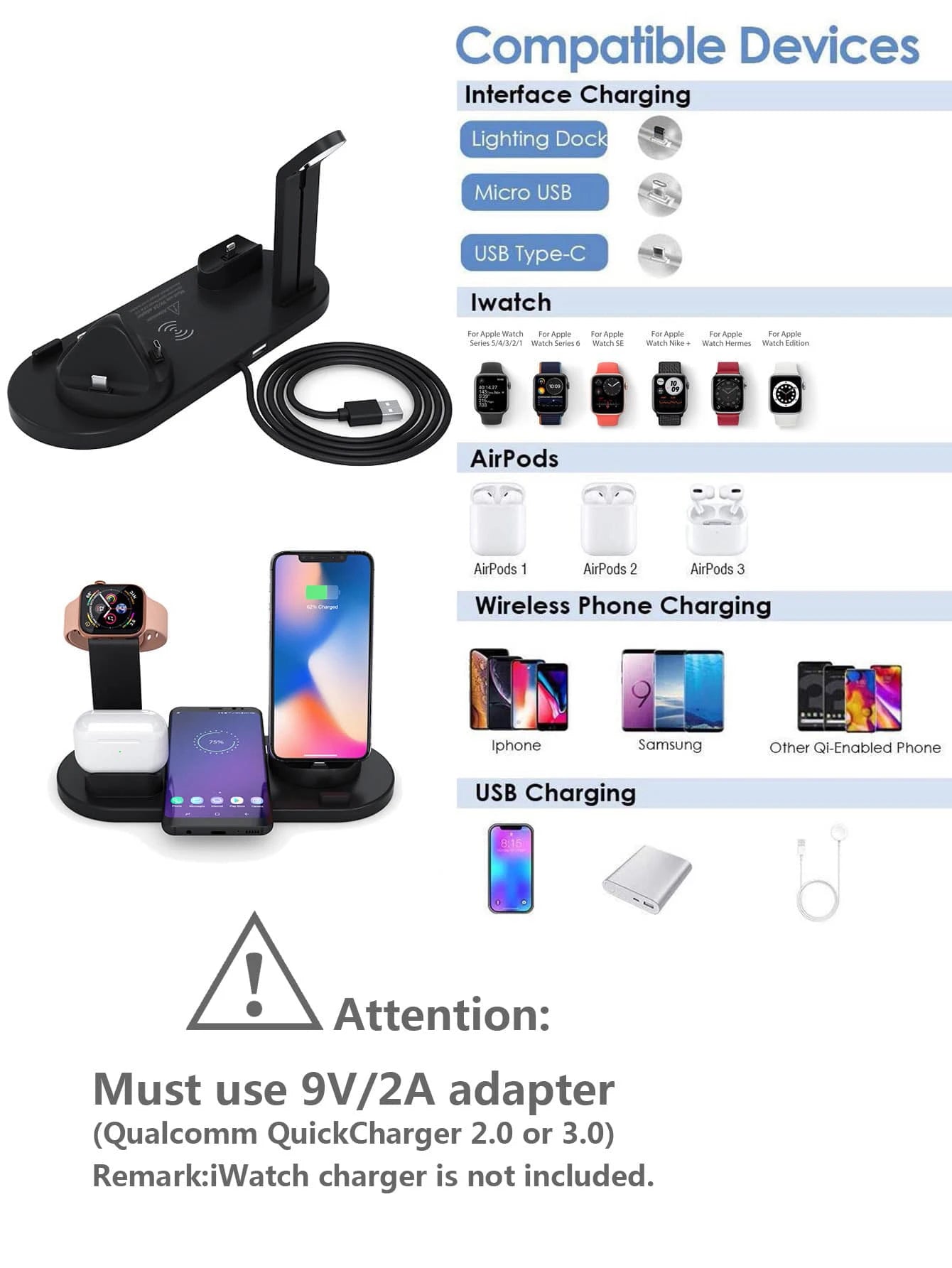 15W 6-in-1 Wireless Charging Dock | iPhone 11–17, Apple Watch, AirPods & Samsung | CE/FCC Certified