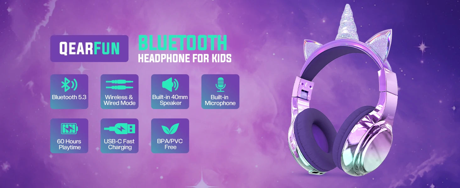 Unicorn & Cat Ear Wireless Kids Headphones | Bluetooth 5.3 | 15-Hr Battery | Foldable | School & Travel