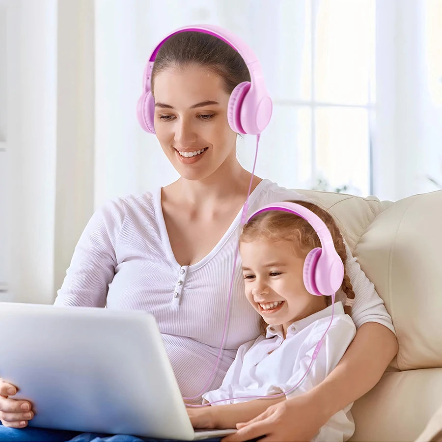 Wired Kids Headphones with Mic | Foldable | Memory Foam | Adjustable Over-Ear | Girls & Boys | Pink & Blue