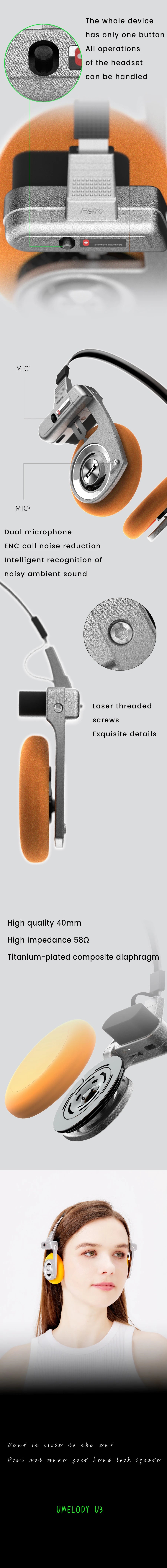 UMELODY U3 Retro Wireless Bluetooth Headphones | HiFi Sound | Active Noise Cancelling | Foldable On-Ear