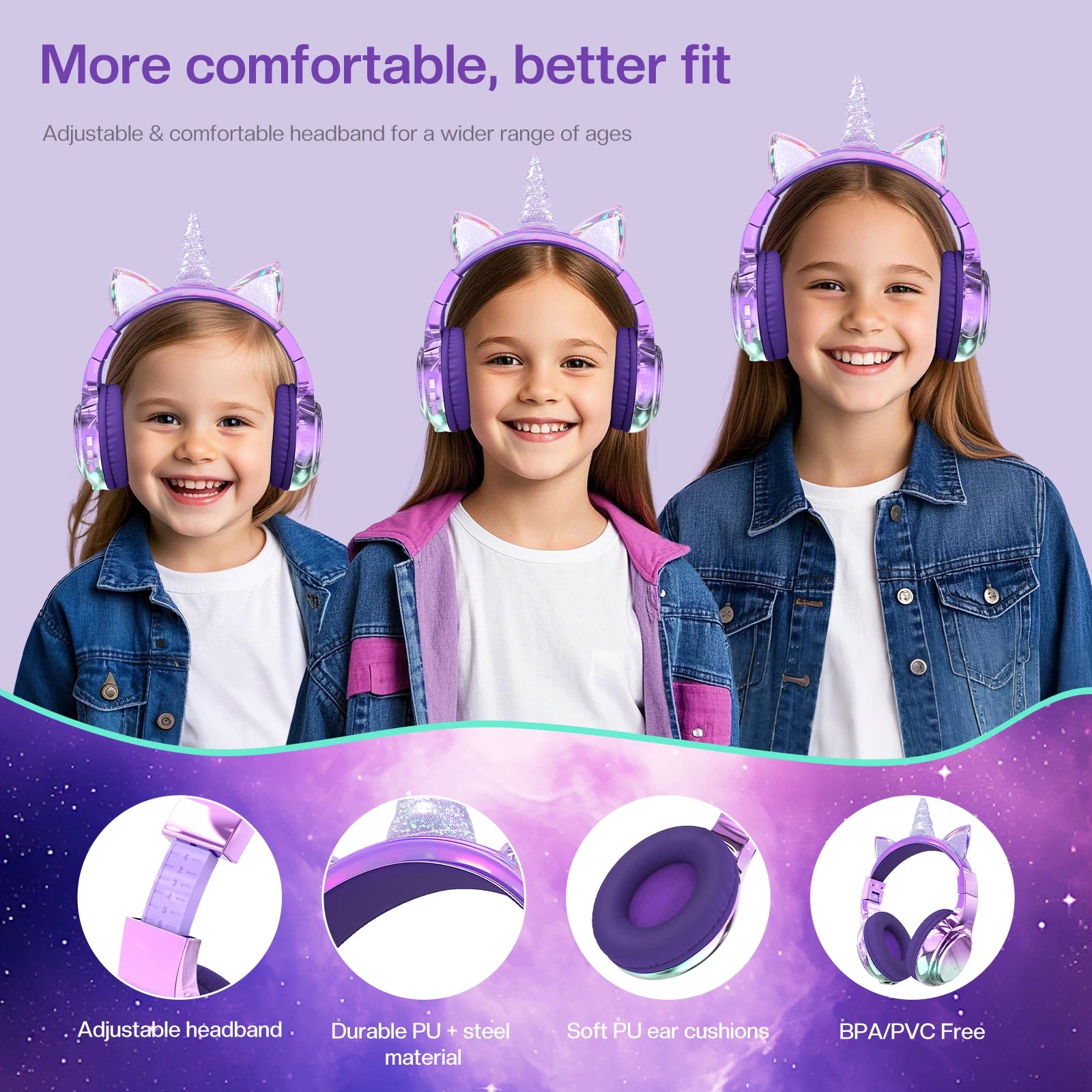 Unicorn & Cat Ear Wireless Kids Headphones | Bluetooth 5.3 | 15-Hr Battery | Foldable | School & Travel