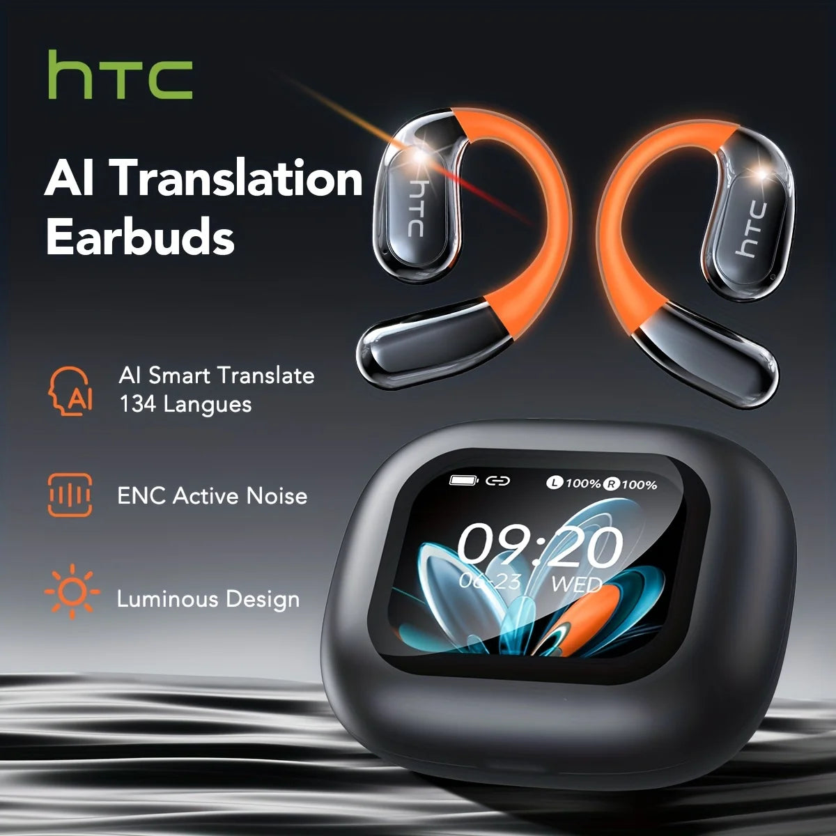 HTC NE27 Wireless Earbuds | Bluetooth 5.4 | AI Translator | LCD Touchscreen | Glowing Earhook | 14mm Drivers