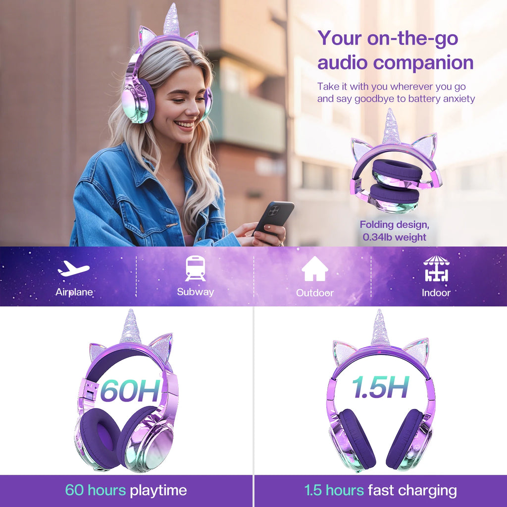 Unicorn & Cat Ear Wireless Kids Headphones | Bluetooth 5.3 | 15-Hr Battery | Foldable | School & Travel