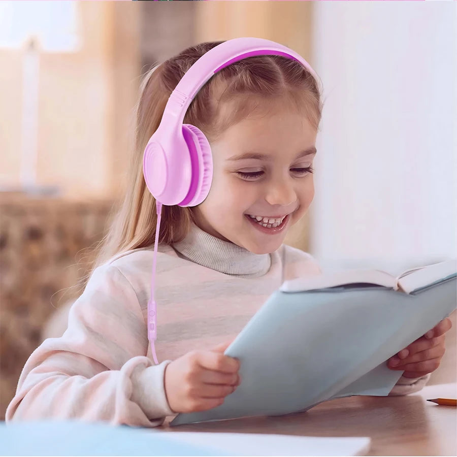 Wired Kids Headphones with Mic | Foldable | Memory Foam | Adjustable Over-Ear | Girls & Boys | Pink & Blue