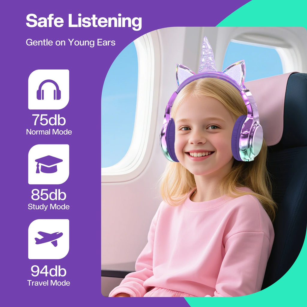 Unicorn & Cat Ear Wireless Kids Headphones | Bluetooth 5.3 | 15-Hr Battery | Foldable | School & Travel