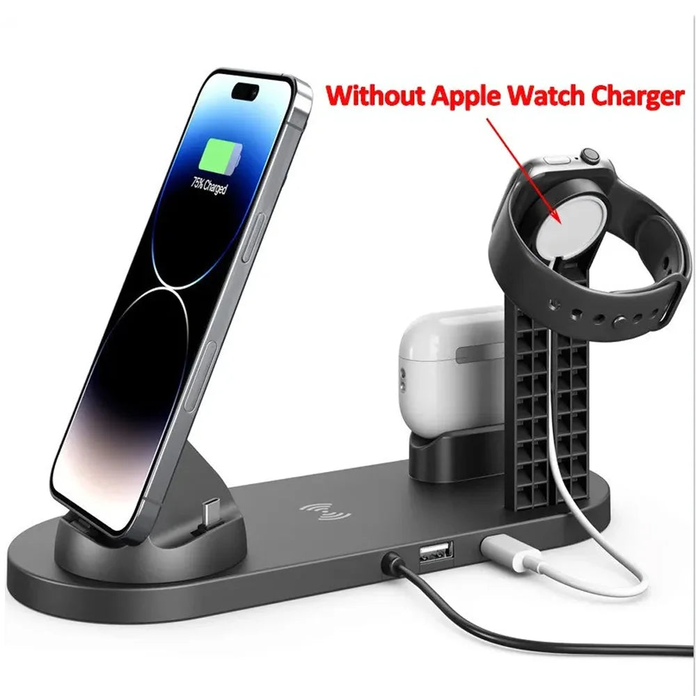 15W 6-in-1 Wireless Charging Dock | iPhone 11–17, Apple Watch, AirPods & Samsung | CE/FCC Certified