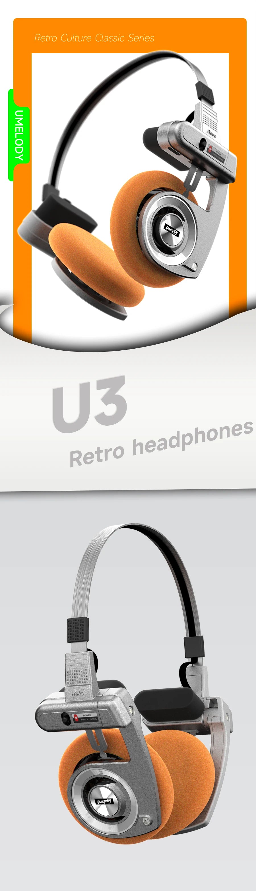 UMELODY U3 Retro Wireless Bluetooth Headphones | HiFi Sound | Active Noise Cancelling | Foldable On-Ear