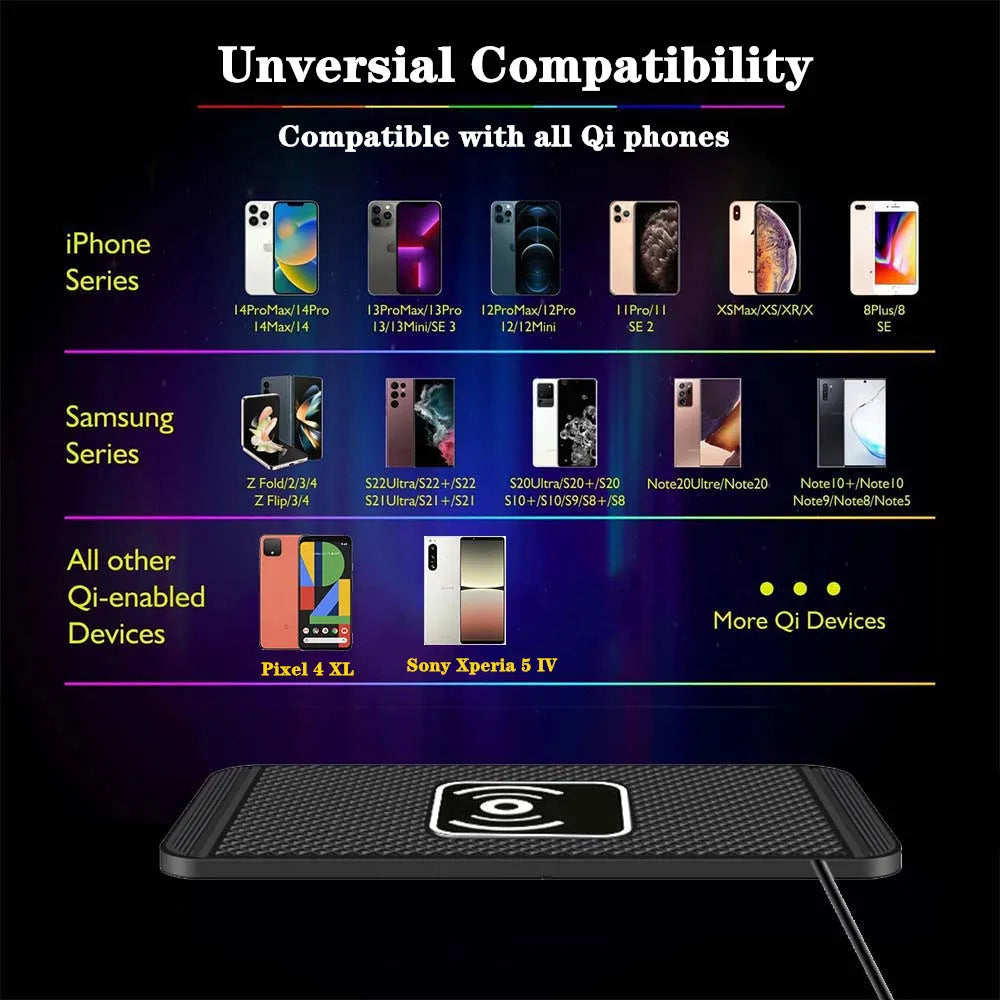 Car Wireless Charger | 15W Fast Charging Silicone Pad Stand | iPhone 12–16 & Samsung S23/S24 | CE Certified