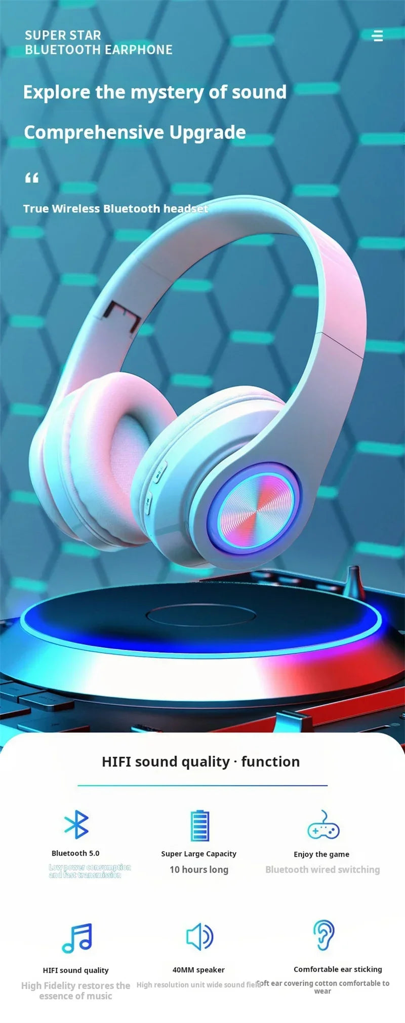 Wireless Gaming Headset | Surround Sound Stereo | Colourful Design | Mic | PC & Laptop | Blue, Black, Red & White