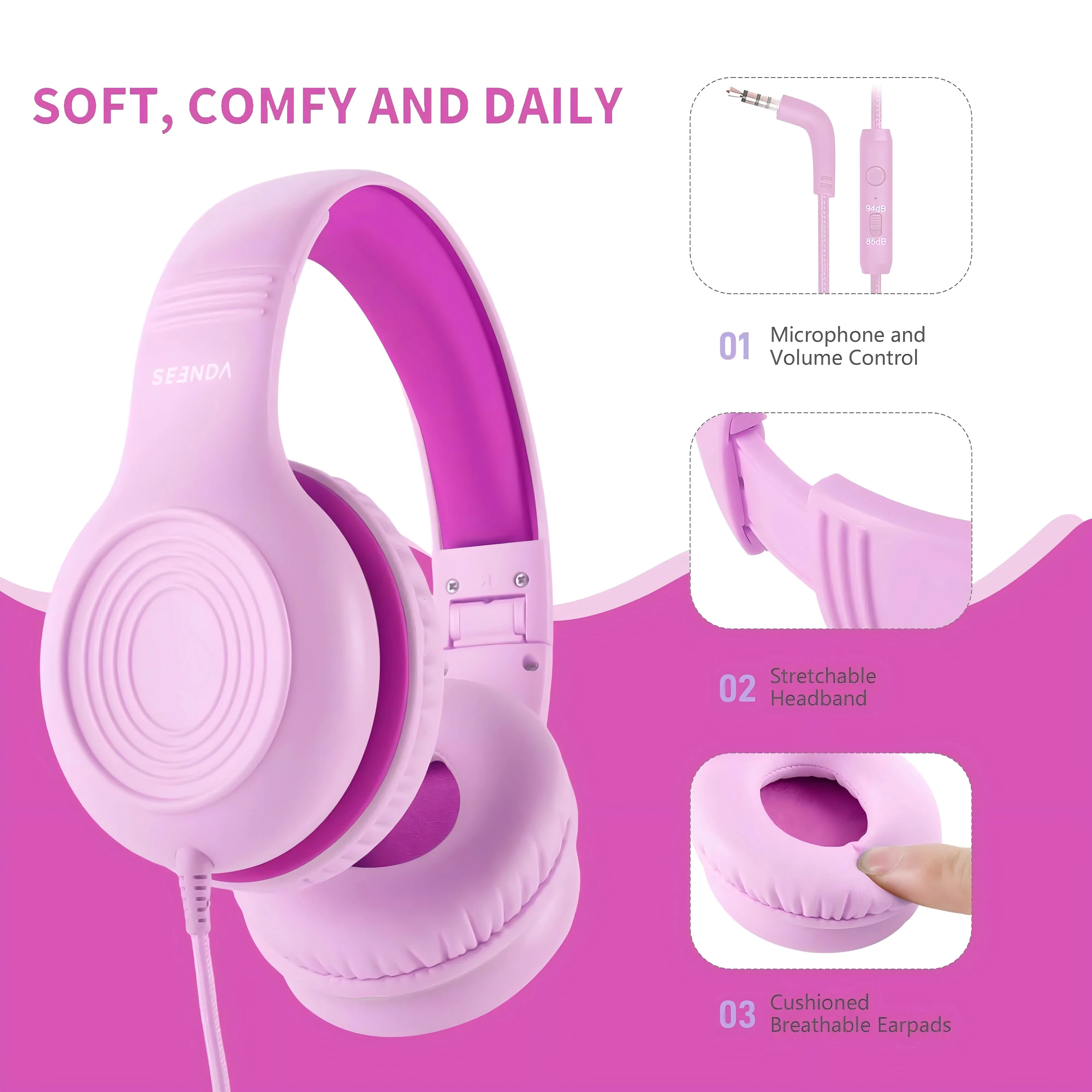 Wired Kids Headphones with Mic | Foldable | Memory Foam | Adjustable Over-Ear | Girls & Boys | Pink & Blue