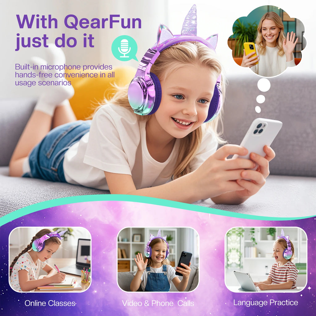 Unicorn & Cat Ear Wireless Kids Headphones | Bluetooth 5.3 | 15-Hr Battery | Foldable | School & Travel