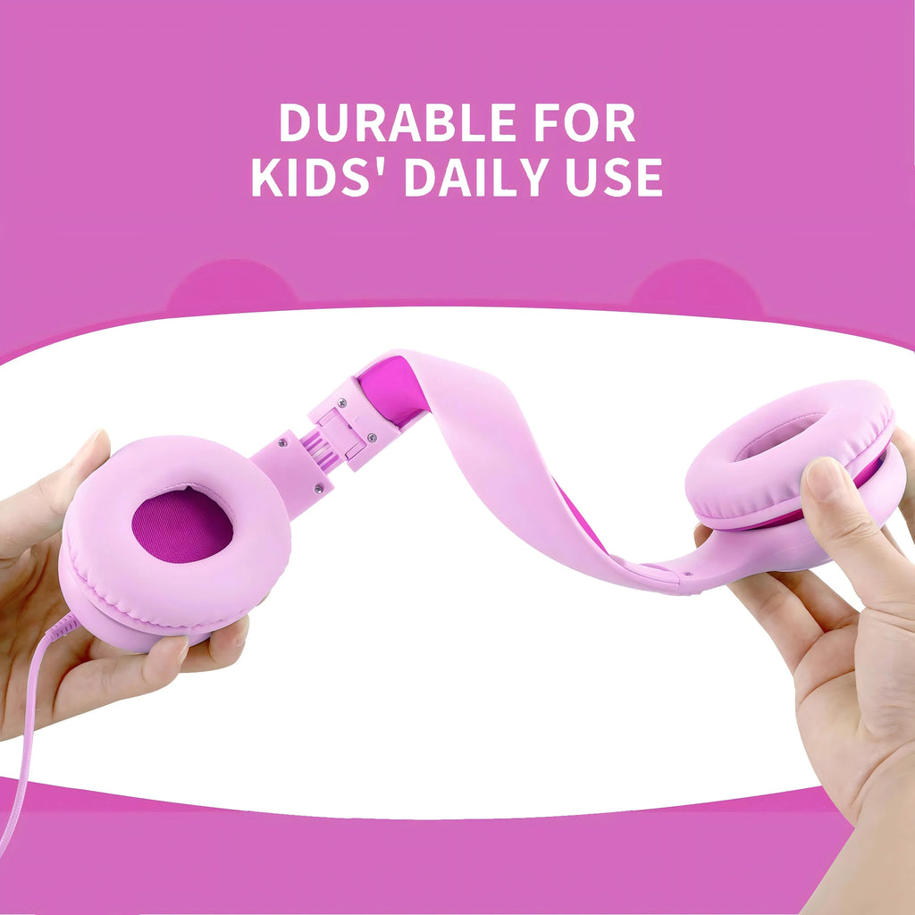 Wired Kids Headphones with Mic | Foldable | Memory Foam | Adjustable Over-Ear | Girls & Boys | Pink & Blue
