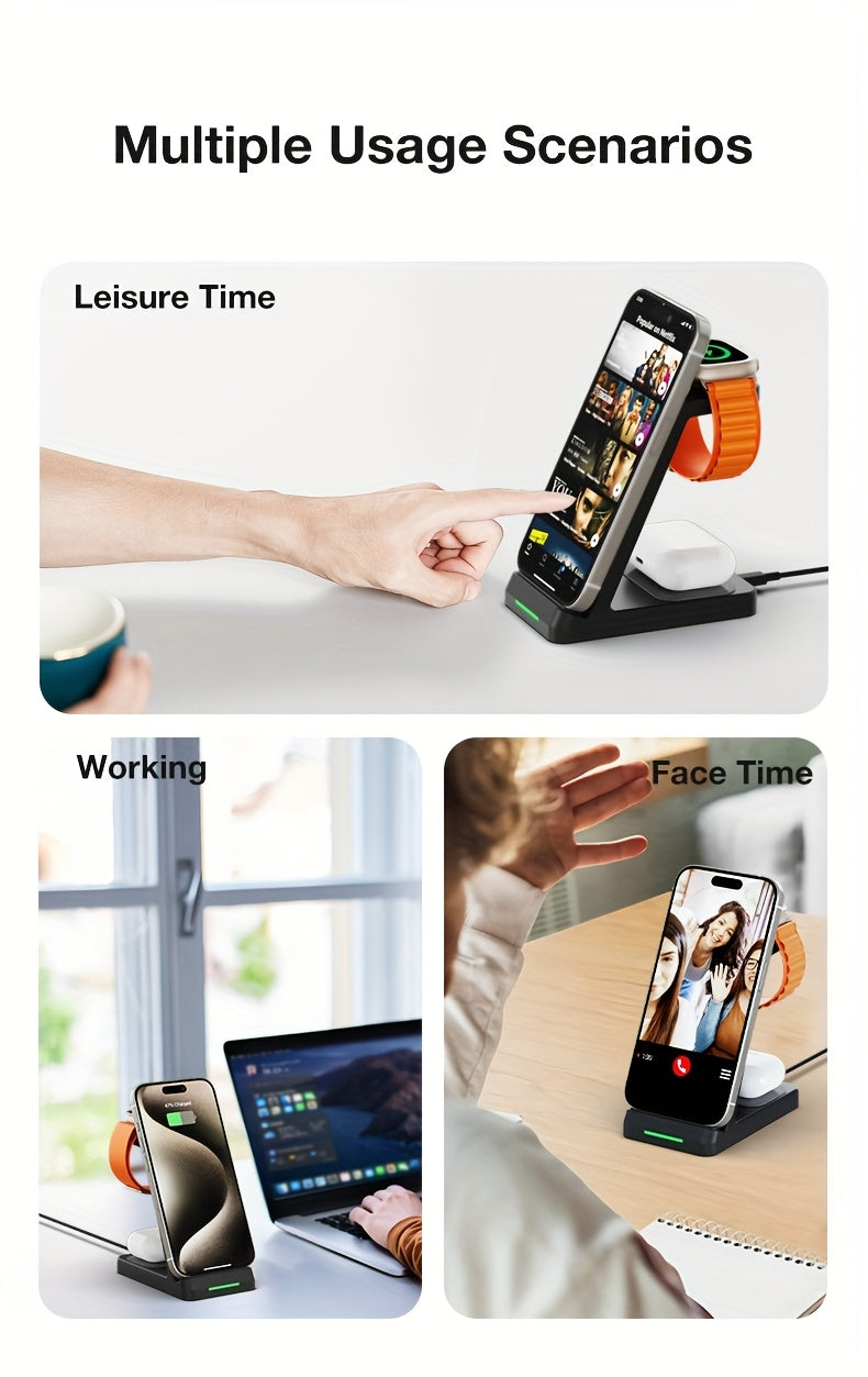 3-in-1 Wireless Charging Station | Phone Holder Stand | Charging Indicator | iPhone 17–11 & Apple Watch | Home & Office