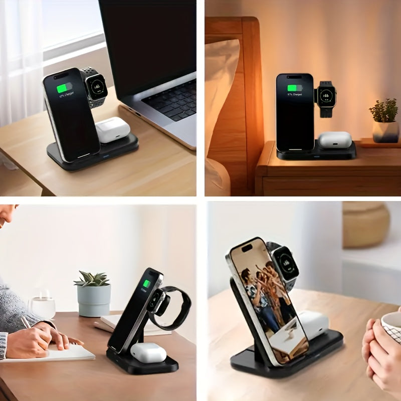 3-in-1 Foldable MagSafe Wireless Charging Station | 15W | QC3.0 Adapter | iPhone 8–15 & Apple Watch Ultra/9–3