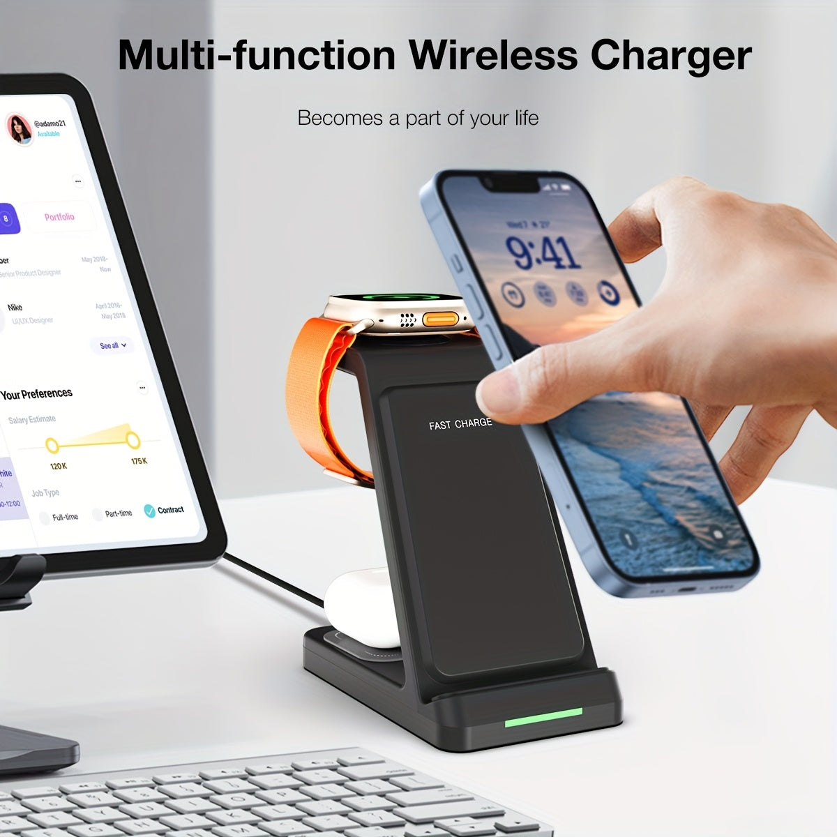 3-in-1 Wireless Charging Station | Phone Holder Stand | Charging Indicator | iPhone 17–11 & Apple Watch | Home & Office