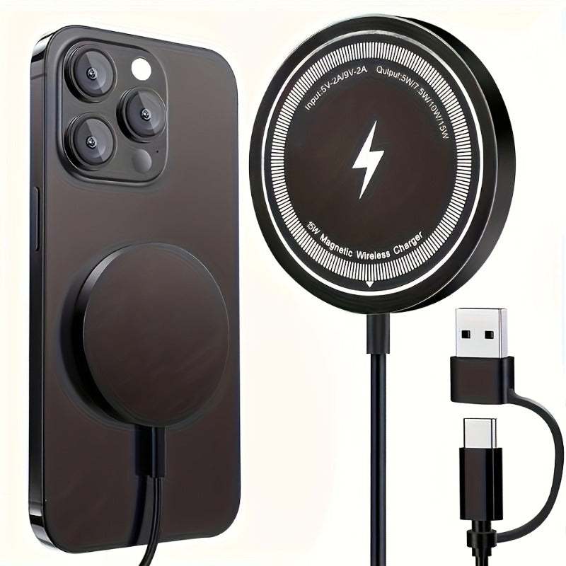 15W Magnetic Wireless Charger | Overcharge Safety | Dual USB-C & USB-A Ports | iPhone 17–11 & Samsung S24/S23/S22
