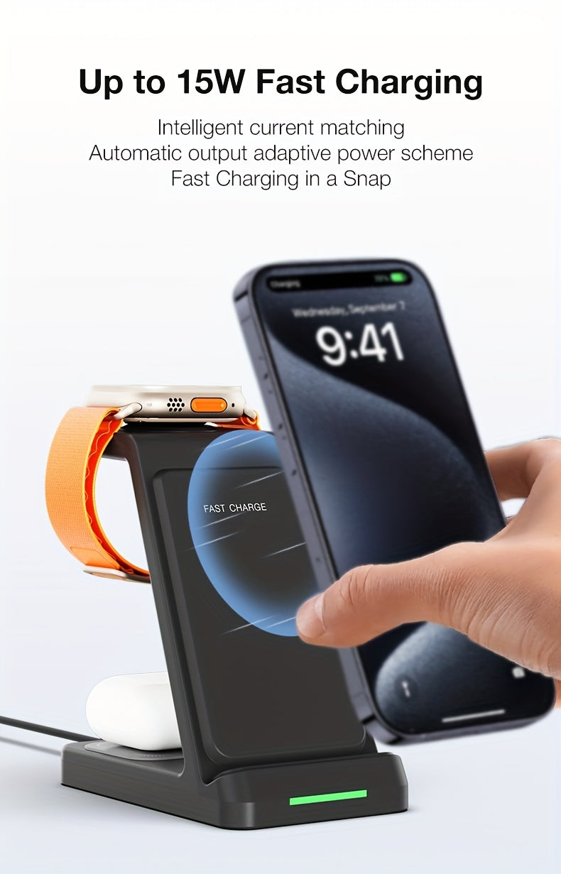 3-in-1 Wireless Charging Station | Phone Holder Stand | Charging Indicator | iPhone 17–11 & Apple Watch | Home & Office