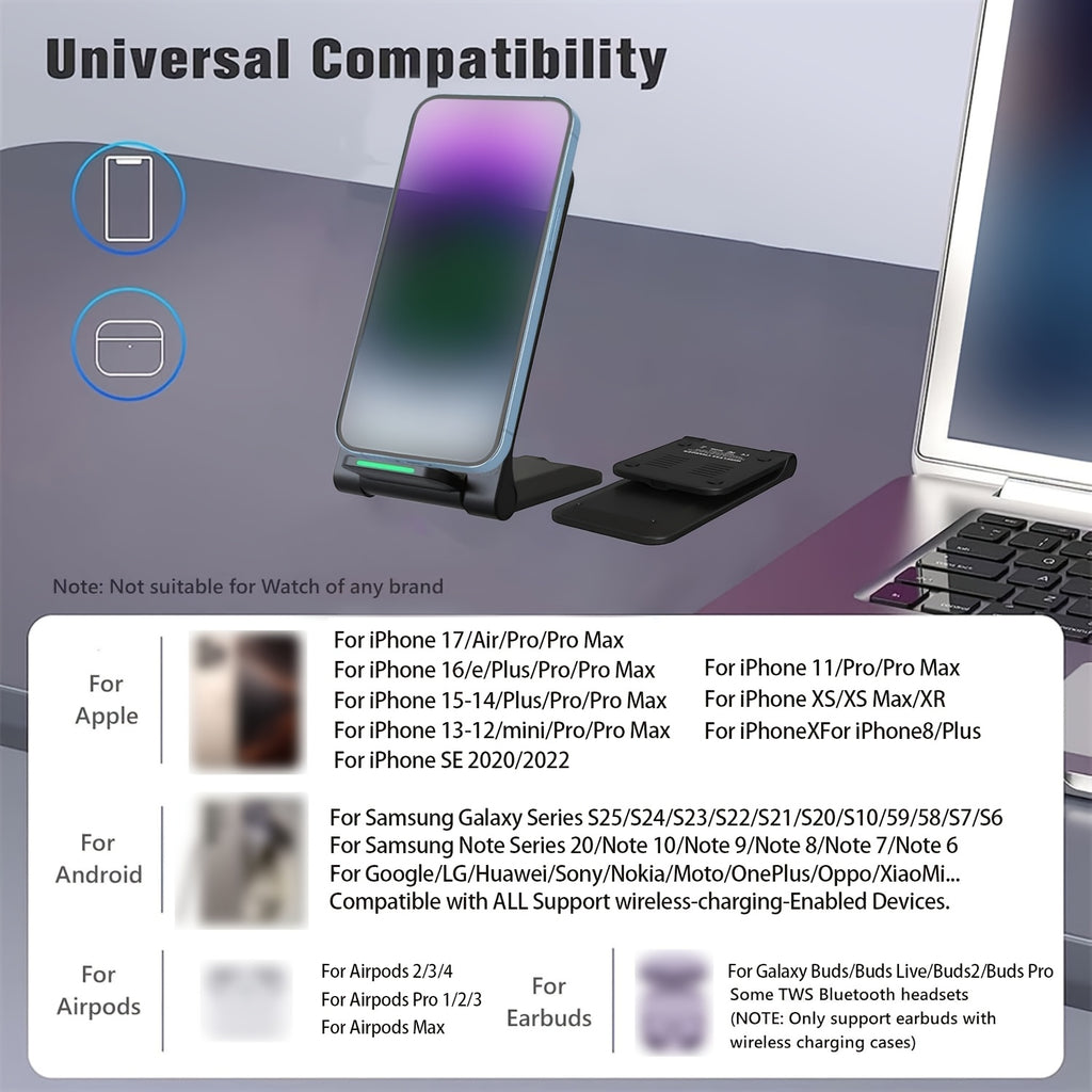 15W Foldable Phone Stand Wireless Charger | iPhone 16/15/14/13/12, Samsung S24–S20, Xiaomi & Huawei