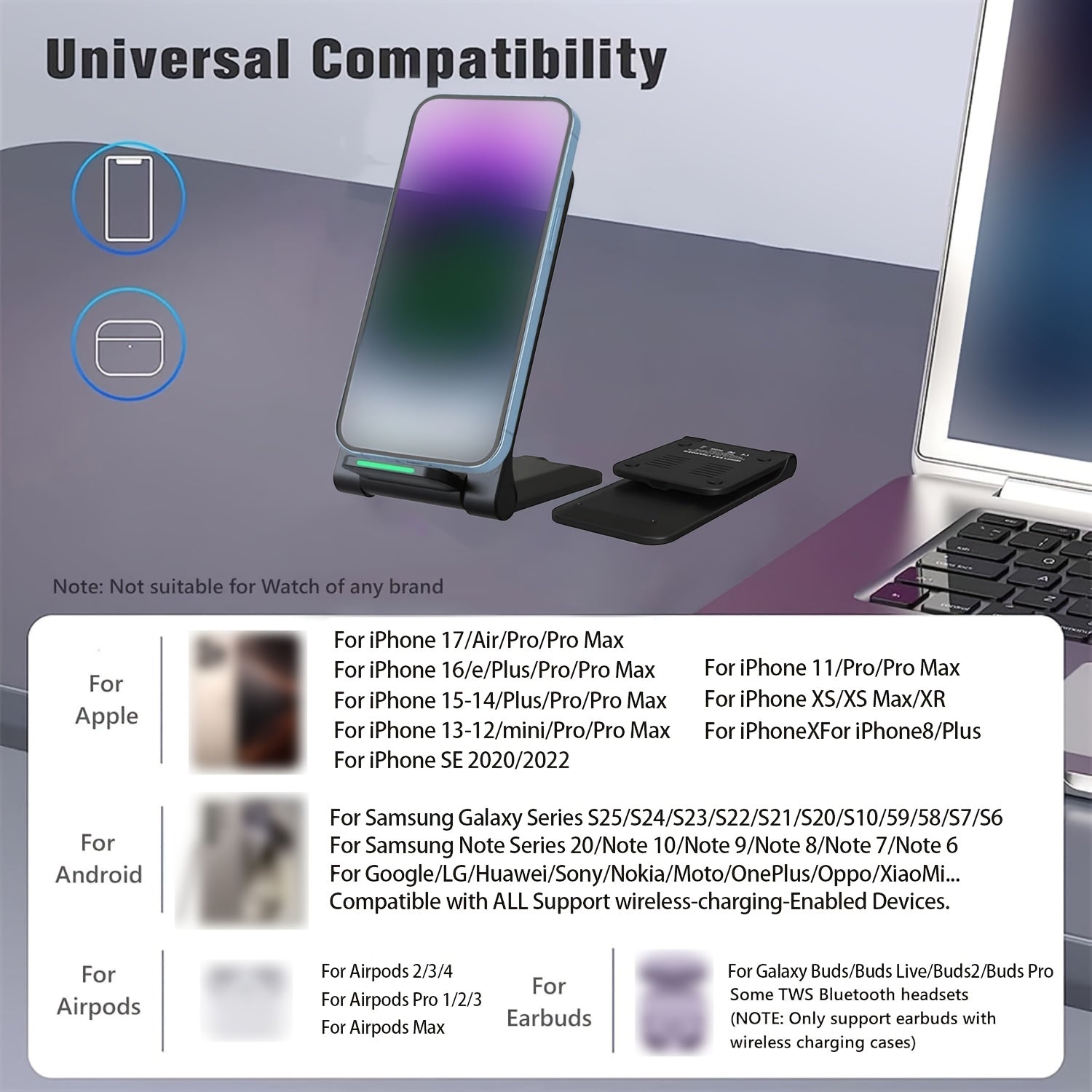 15W Foldable Phone Stand Wireless Charger | iPhone 16/15/14/13/12, Samsung S24–S20, Xiaomi & Huawei