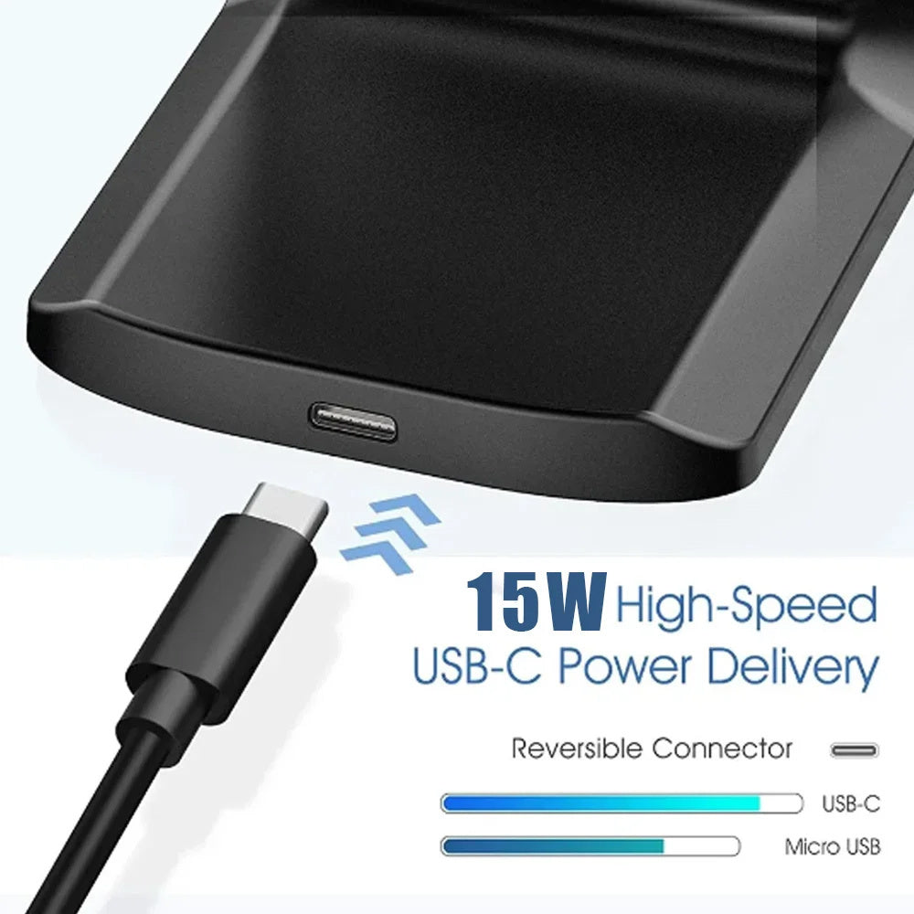 15W Foldable Phone Stand Wireless Charger | iPhone 16/15/14/13/12, Samsung S24–S20, Xiaomi & Huawei